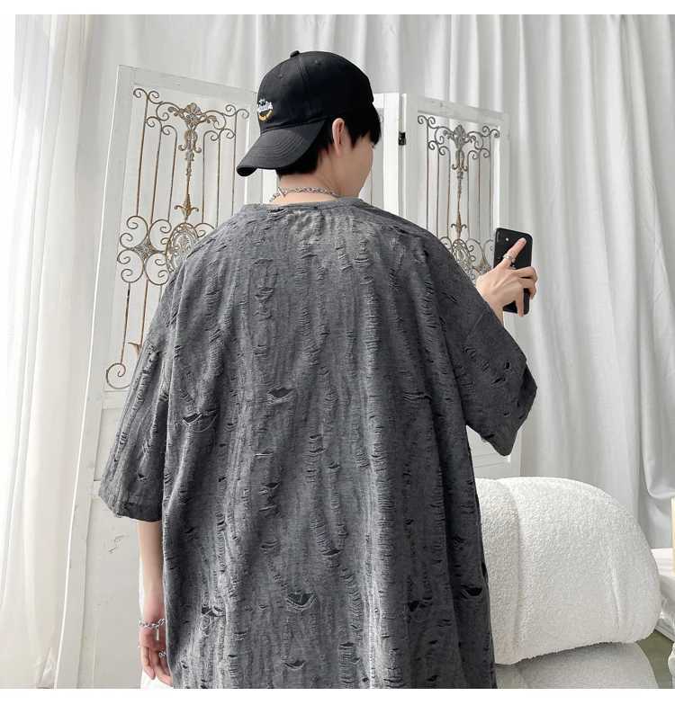 Summer fashion casual hole short sleeved mens T-shirt 2023 O-neck loose casual T-shirt mens clothingT250318