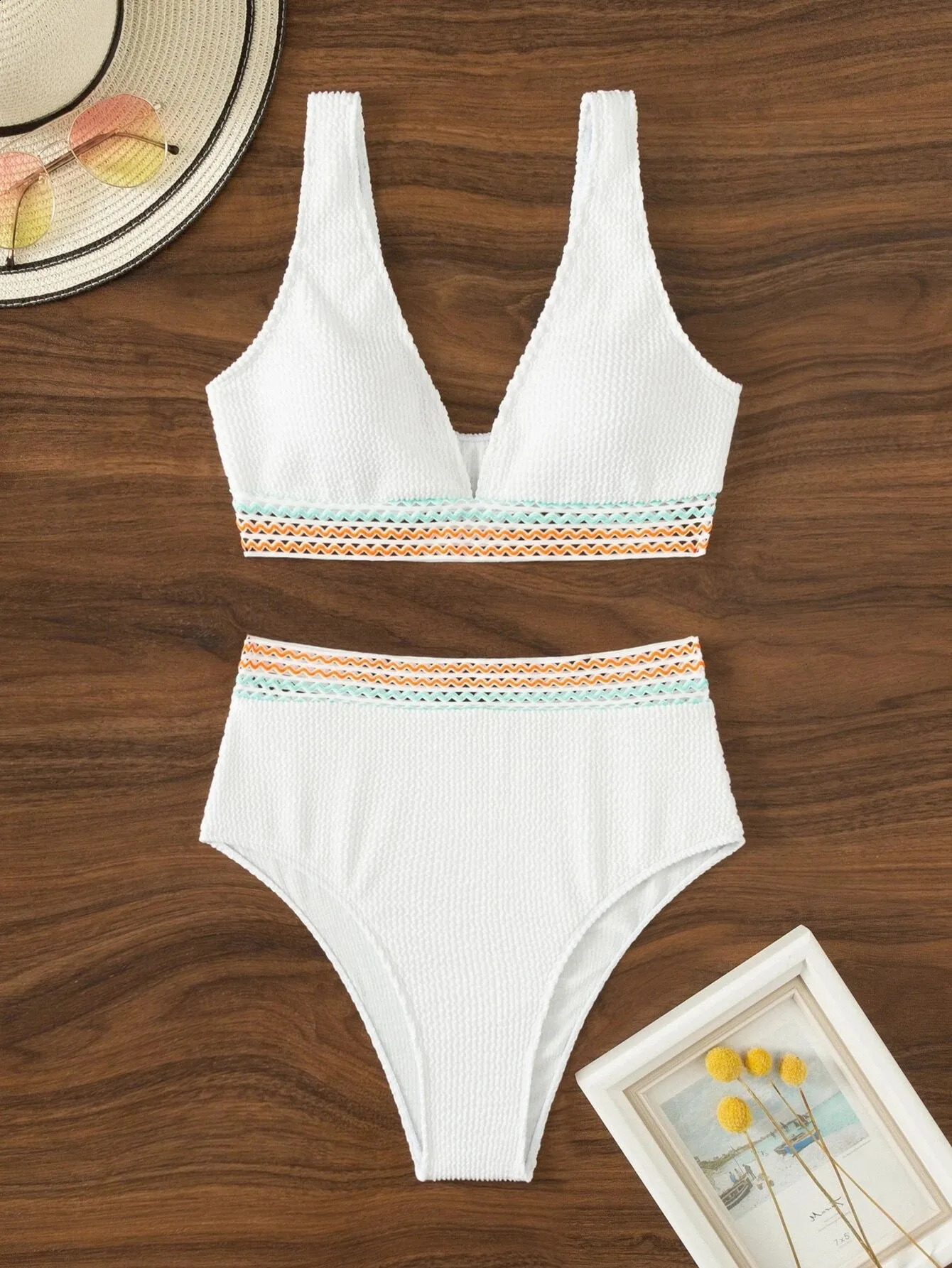 Sexy Strape Tape Swimsuit Women Solid High Waist Bikini Set V-neck Swimwear Female Padded Bathing Suit Swimming Beachwear 250319