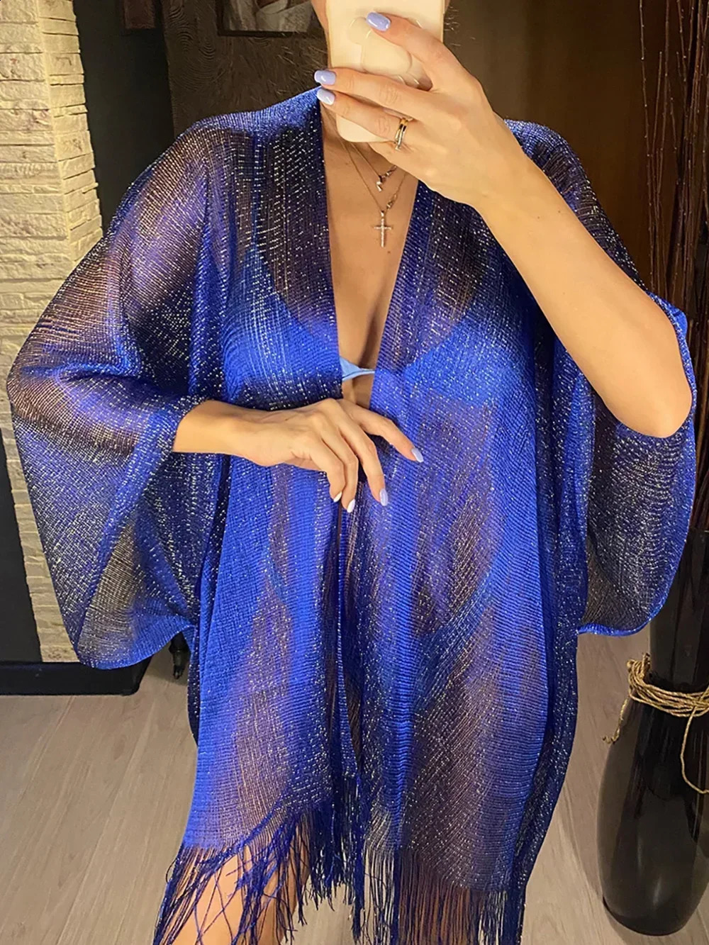 Sexy Fringe Women Tassel Mesh Sheer Shiny Knitted Tunic Beach Cover Up Cover-ups Beach Dress Beach Wear Beachwear Female 250319