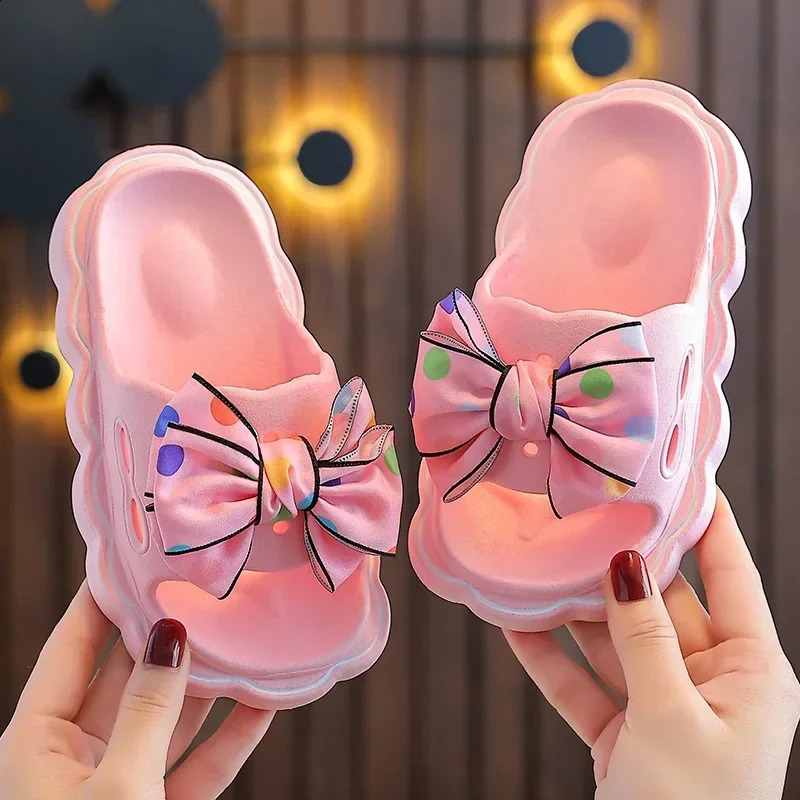 Children Summer Slippers Girls Fashion Bow Wear Resistant Open-toe Non-slip Casual Shoes Simple Kids Outdoor Platform Beach Shoe 250318