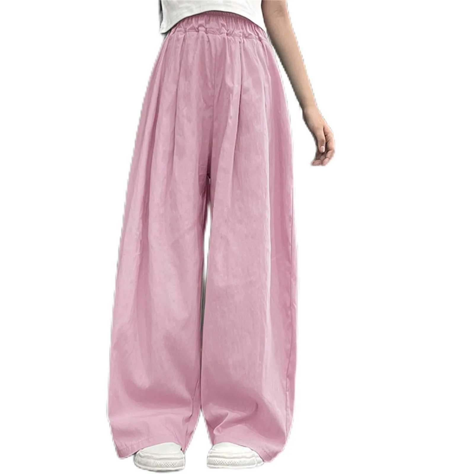 Solid color casual pants suitable for girls elastic waist straight pants summer loose and breathable wide leg pants childrens summer pantsT250318
