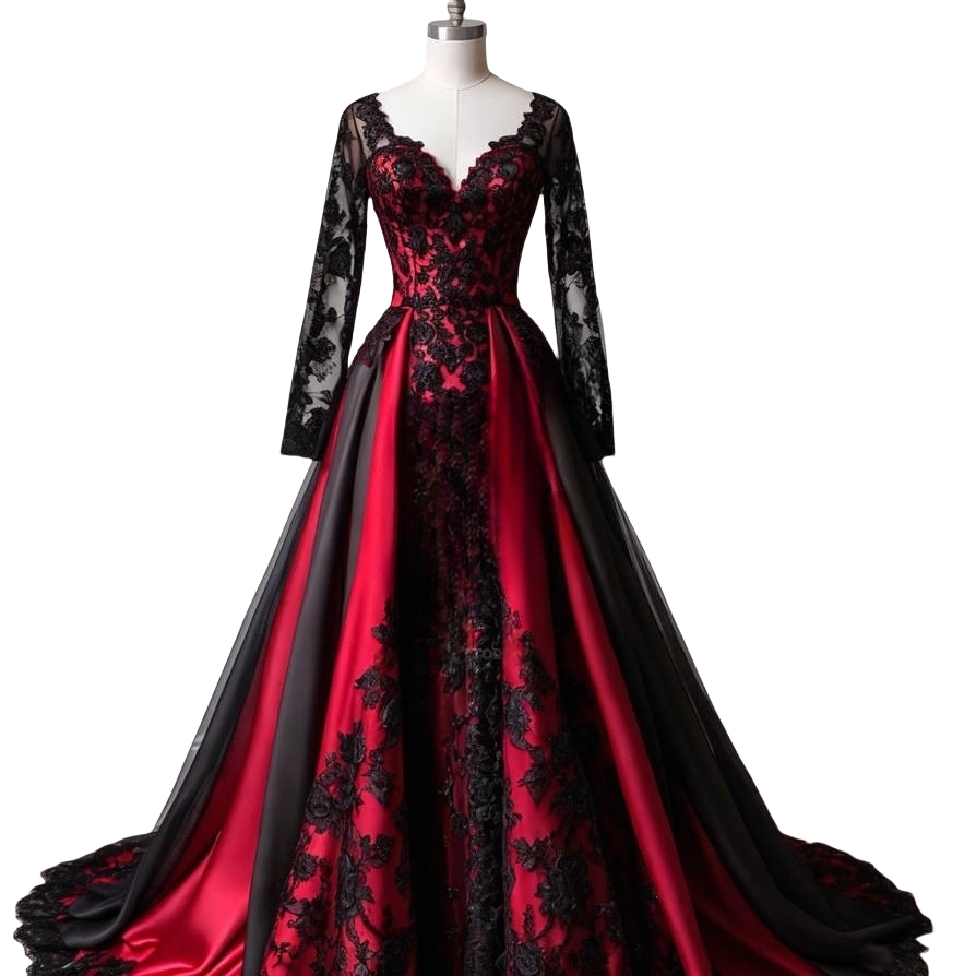 Gothic Black And Red Wedding Dresses Long Sleeves Lace Appliques A-Line V-Neck Vintage Bridal Gown Pleats Elegant Bride Dress 2025 Vestido