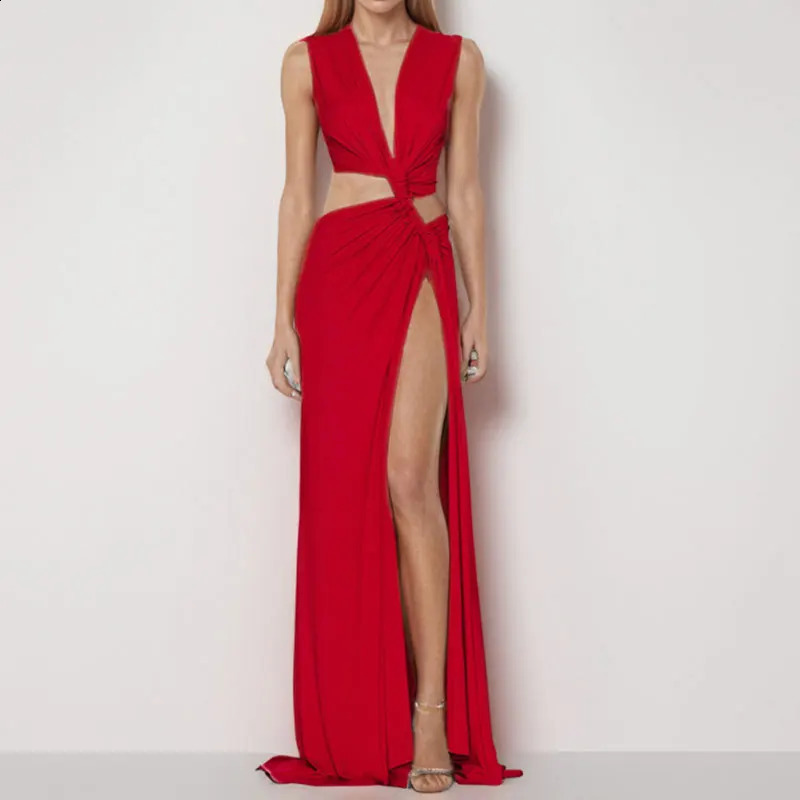 Summer Elegant Women Sexy Deep V Cut Slit Maxi Fashion Casual Sleeveless Waist Hollow Out Outfits Lady Long Dress 250318 C260312