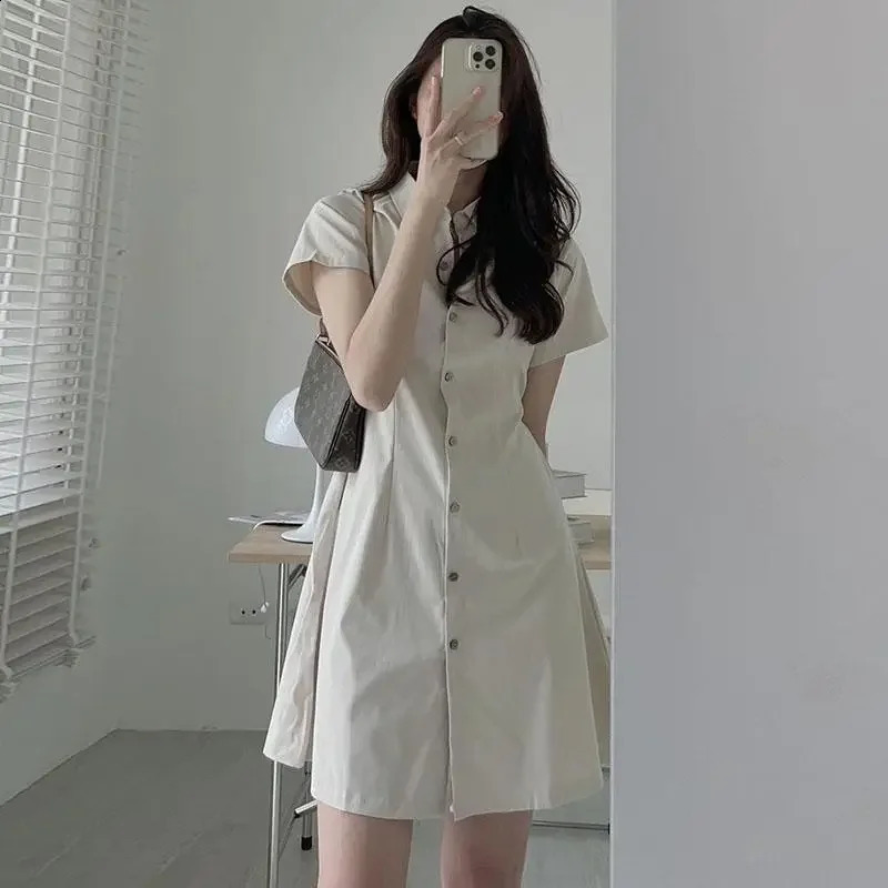 Korean summer simple and elegant lapel single chest waist slim fit short sleeved shirt style petite dress 250319