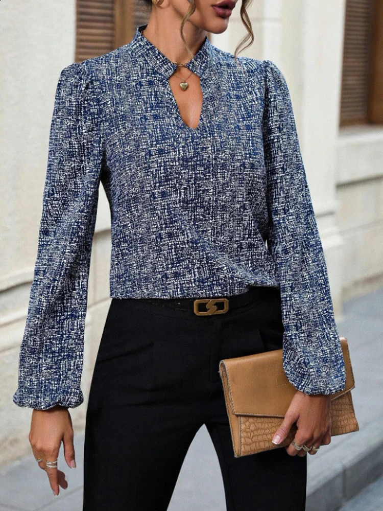 Fashionable spring and summer full print Vneck lantern sleeve shirt 250319