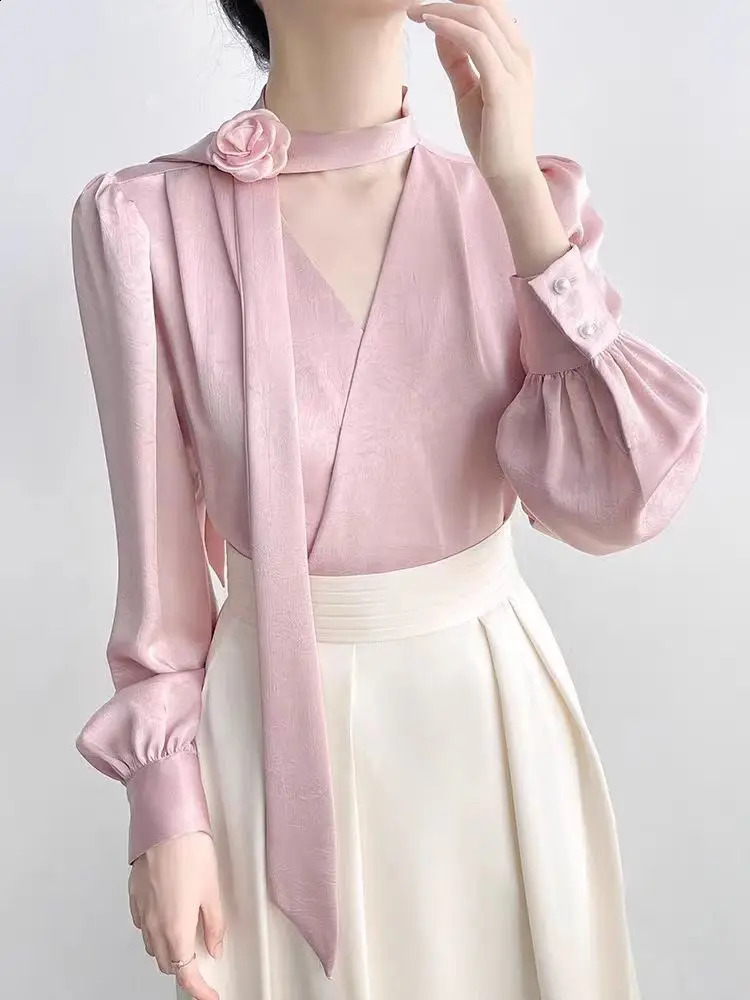 2025 Ladies Clothes French Elegance Rose Bow LongSleeve Blouse Womens Chic SpringAutumn Top Satin High Quality Clothing 250319