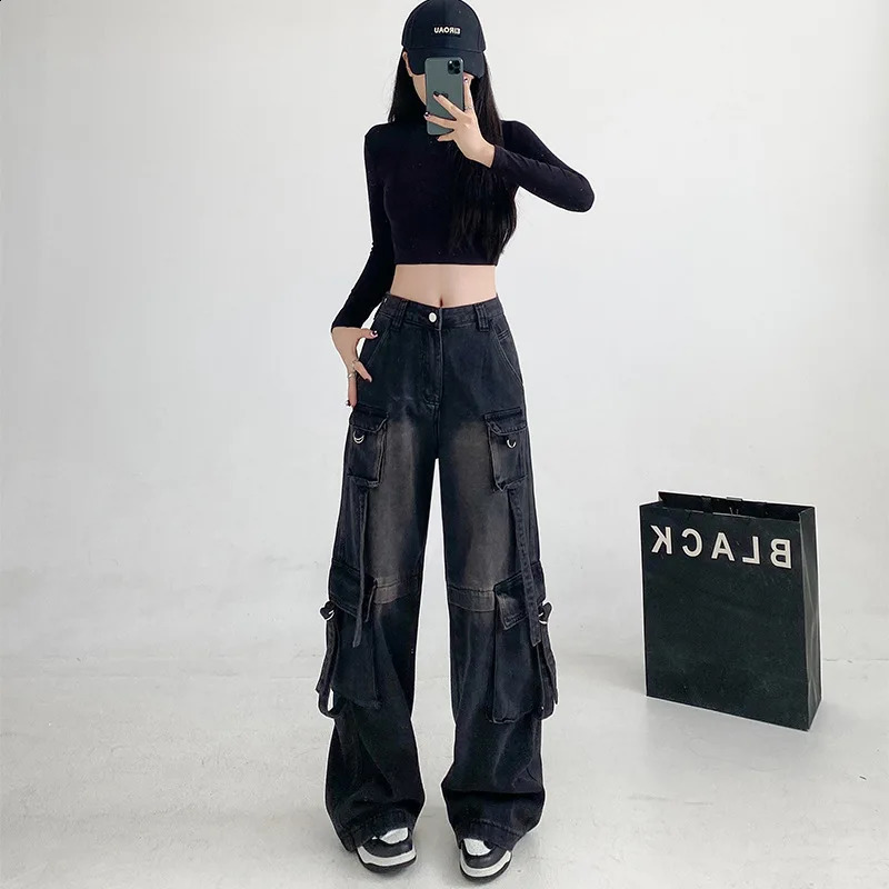 Wxw2225 Street Clothing Hip Hop Jeans Womens Multi Pocket Denim Long Leg Wide Loose High Waist Commodity Spring 250317