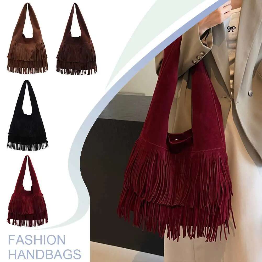 Women Frosted Slouchy Hobo Faux Suede Fringe Underarm Large Capacity Travel Tote Handbag Ladies Commute Bag