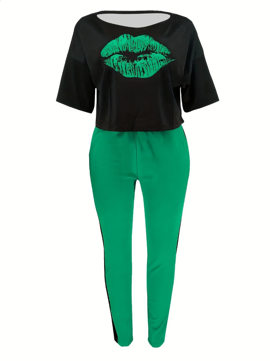LW Plus Size One Shoulder Lip Print Striped Pants Set Summer Women Fashion Casual Half Sleeve Top Skinny Long Pants 250318