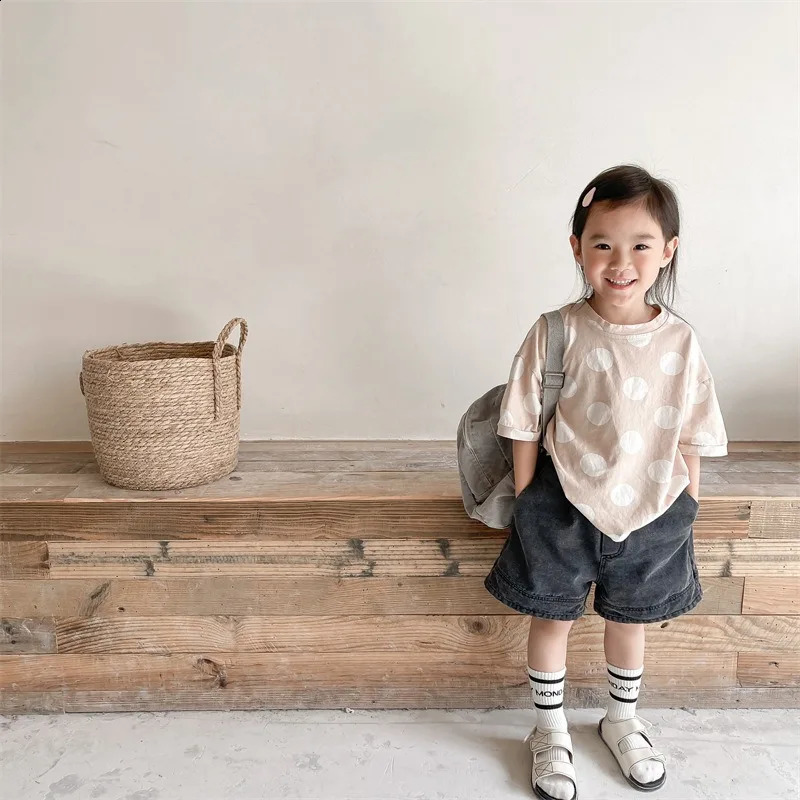 Korean Style Summer Children Denim Shorts Boys and Girls Black Blue Elastic Waist Loose Short Jeans Fashion Kids Pants A122231 250319