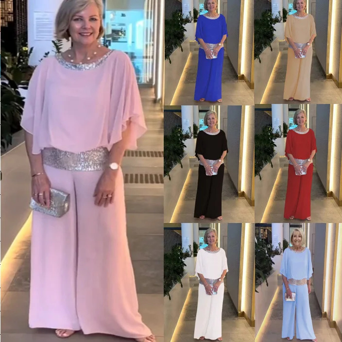 Womens twopiece pants set solid color elegant sequin patchwork top batwing sleeves wide leg high waist loose summer 2024 250319