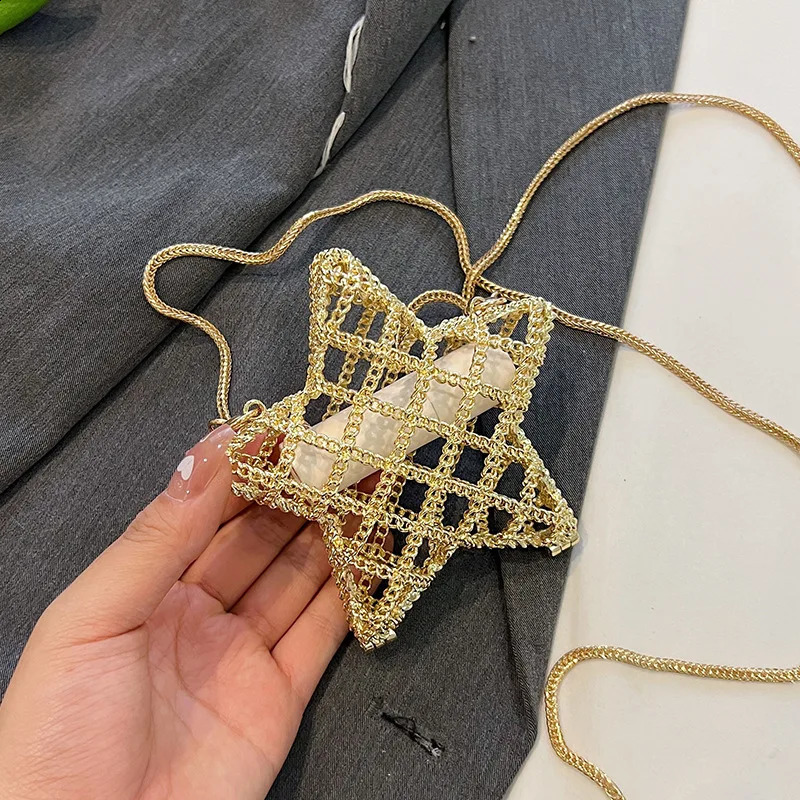 Metal Pentagram Mini Bag Hollowed Out Crossbody Bag Lipstick Chain Bag Womens Clothing Accessories Stars 250313
