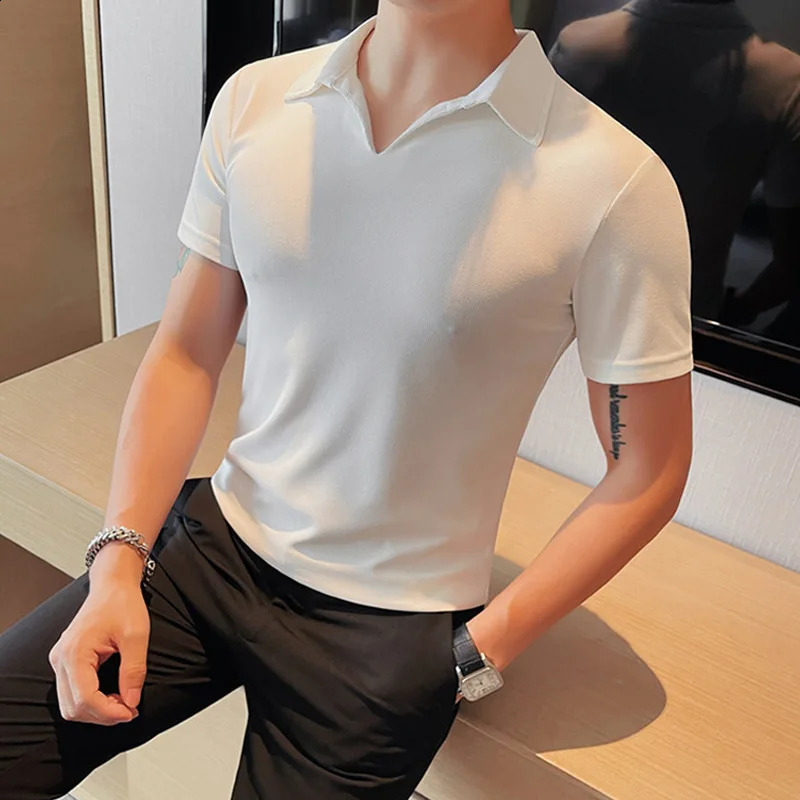 Summer mens jacquard knitted V-neck short sleeved polo shirt casual breathable fashionable high-quality knitted S-3XL 250318
