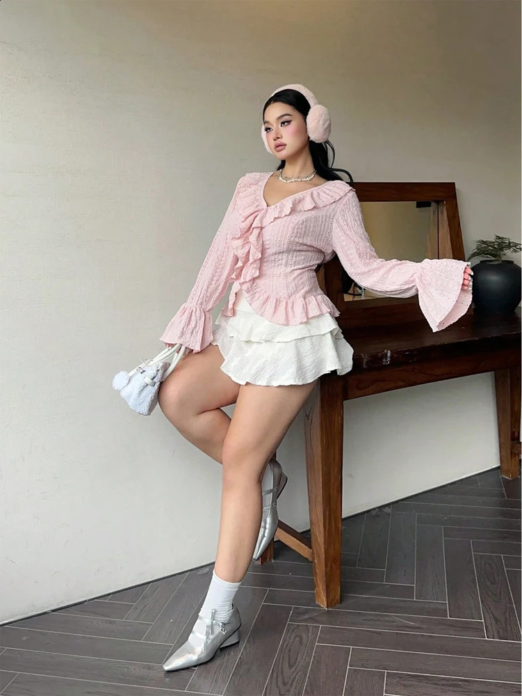 Plus Size Womens Elegant French Ruffle Flared Sleeve Blouse Pink VNeck Bubble Sweetheart 250319