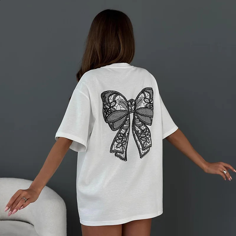 CGC Simple Style Casual Versatile Bow Short-Sleeved T-shirt For Women O-Neck Korean Fashion Female Clothing y2k Tees Loose Tops 250319
