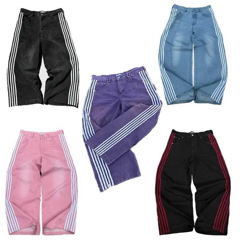 High Street retro striped embroidered high waisted jeans mens casual pants Harajuku hip-hop street bag wide leg jeansT250319