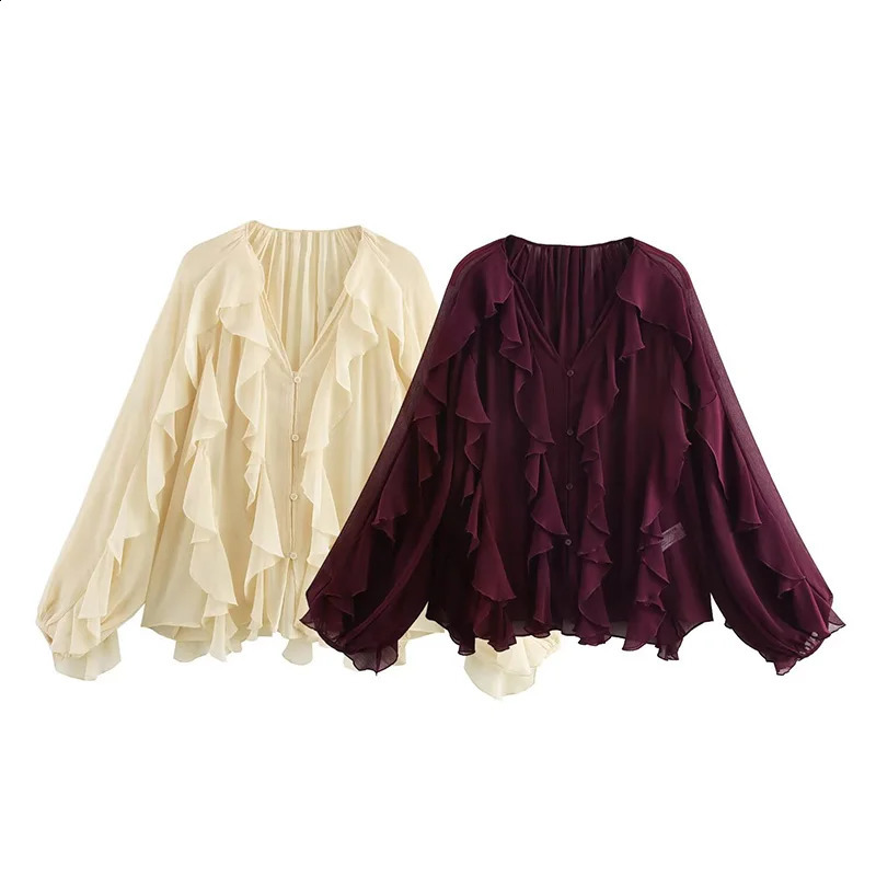 Willshela Womens Fashion Solid Ruffle Single Chest Shirt Retro Vneck Long Sleeve 250319