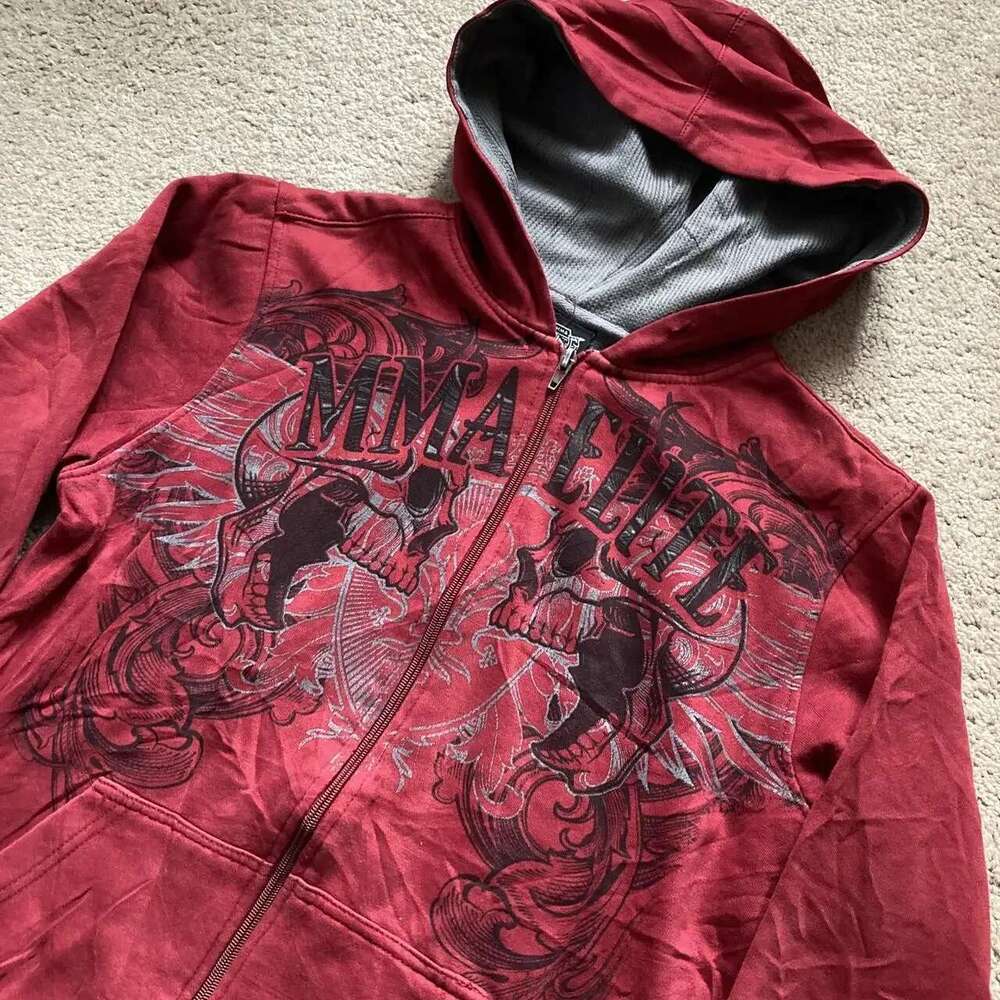 Retro American Men's Zipper Hoodie, Neutral Casual Sweatshirt, Y2K, MMA Elite, Small Size, Skull Wing Pattern, Street, Hip Hop, New Style, 2024