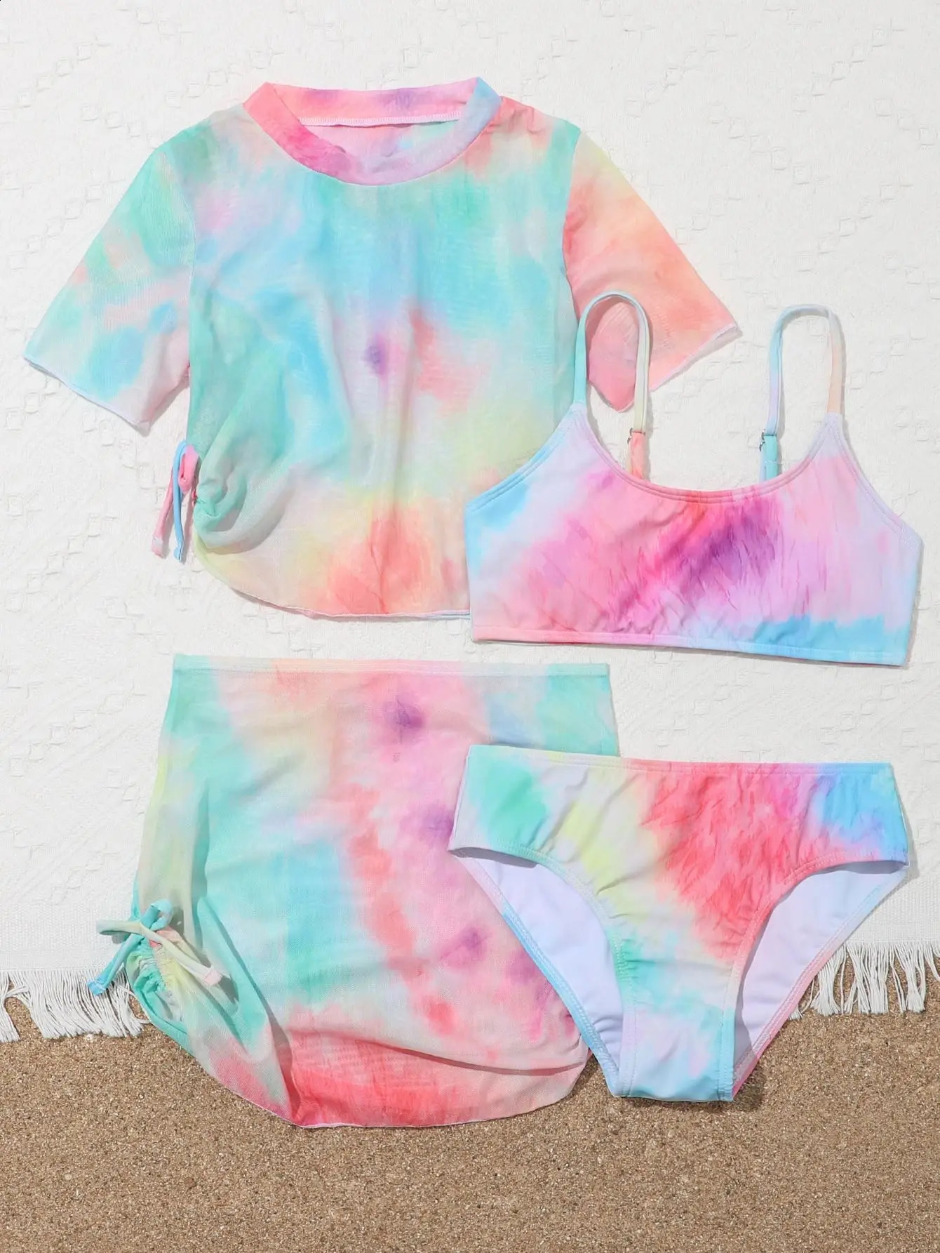 Girls 4 Pack Tie dye Print Short Sleeve Bikini with Skirt Drawstring Swimsuit 7-12 Years Childrens Swimwear Kids Bathing Suit 250319