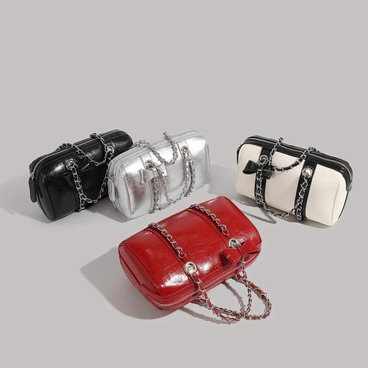 Trendy Korean Niche CrossBorder Tweed Style Boston Oil Wax Handbag Bow Silver Pillow Bag Womens UltraFine Fiber 250317
