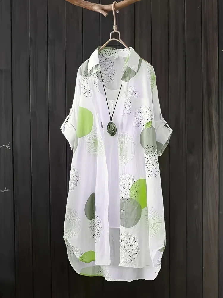 Large loose printed shirt womens cotton medium to long autumn sleeved casual winter Korean style 250319