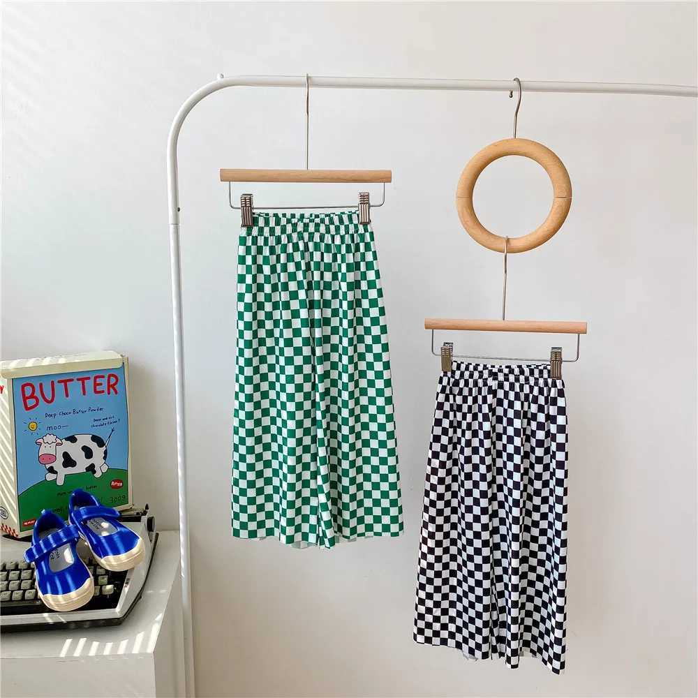 Childrens wide leg pants Korean childrens clothing summer checkered pants cool pants suitable for boys and girlsT250318