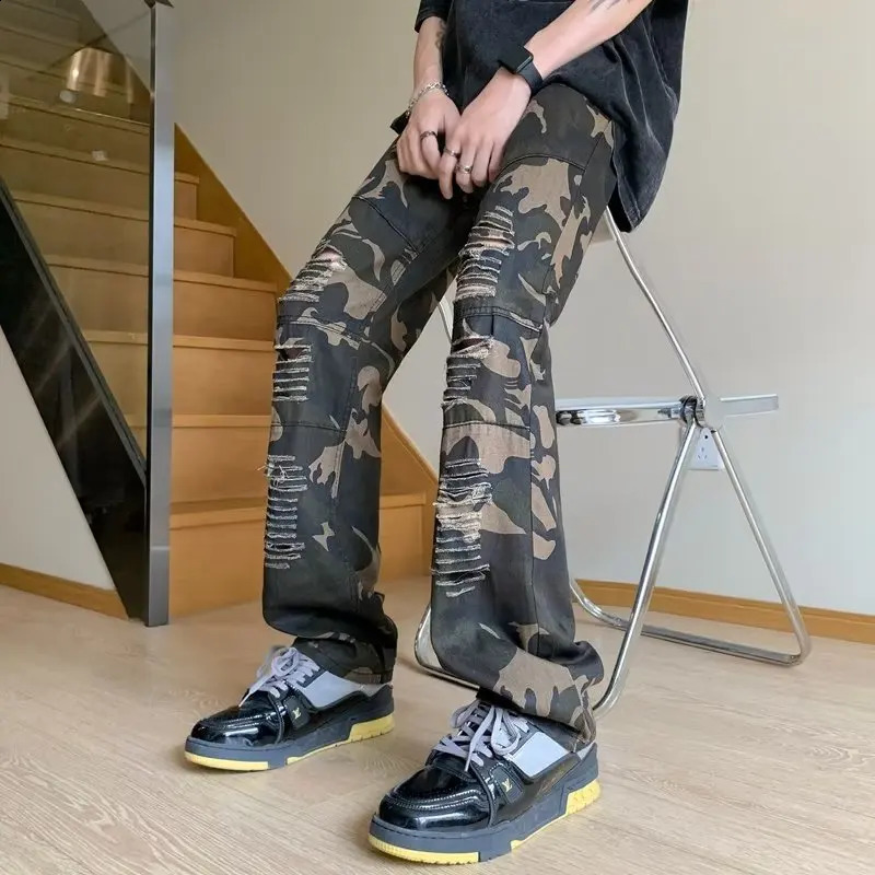 camouflage bag wide leg torn cargo Y2K mens clothing straight hip-hop pants Pantalon Homme 250317