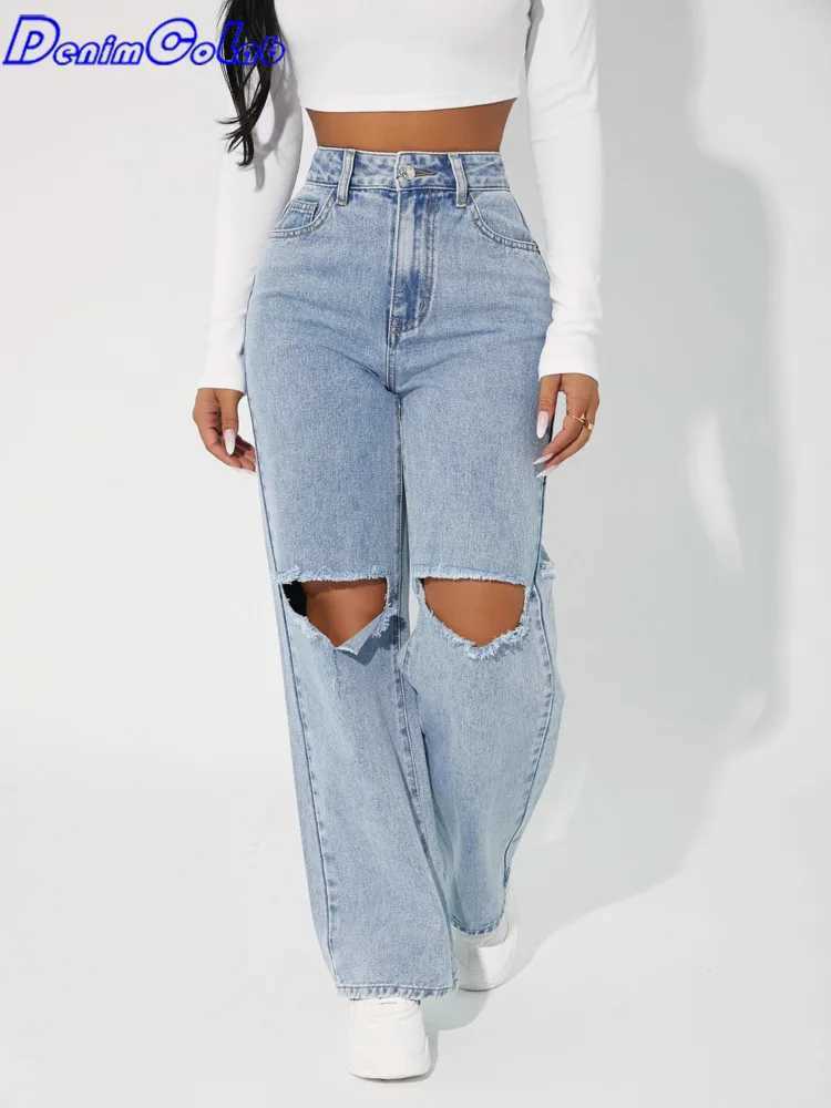 Denimcolab high waisted straight pants fashionable hole knee jeans womens loose boyfriend jeans womens streetwearT250319