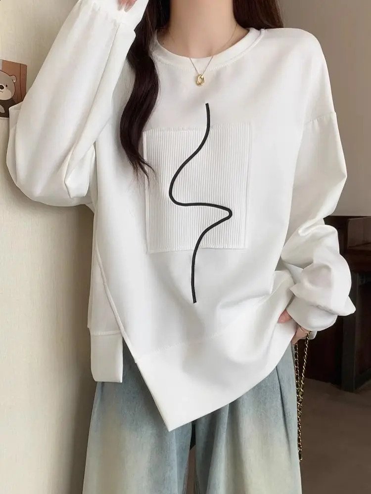 Womens round neck long sleeved casual loose sportswear autumn irregular top 250318