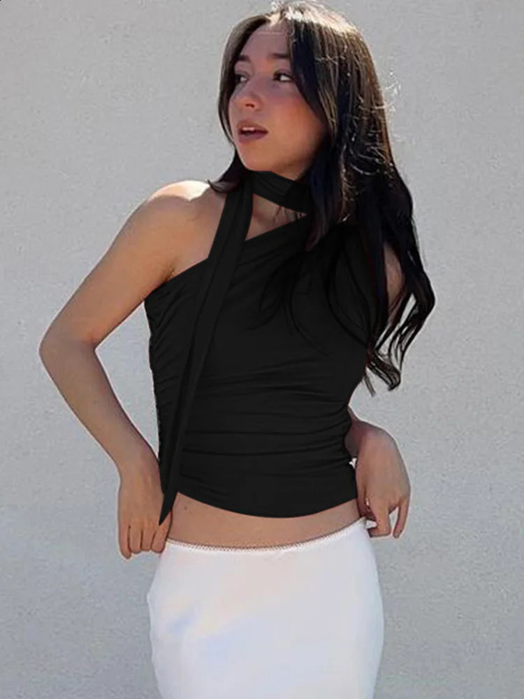 Backless Sexy Off Shoulder Halter Tank Tops Women Vintage Sleeveless Crop Top Y2K Clothes Club Female Casual Summer 250319