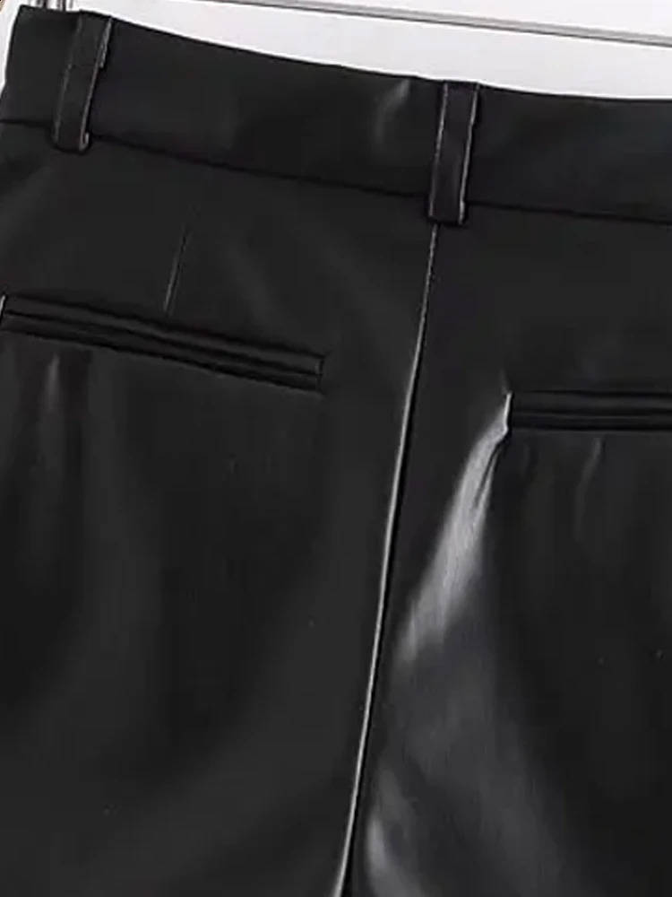 TRZA-Womens Faux Leather Shorts with Side Pockets High Waist Zipper Fly Female Short Pants Chic Fashion 250319