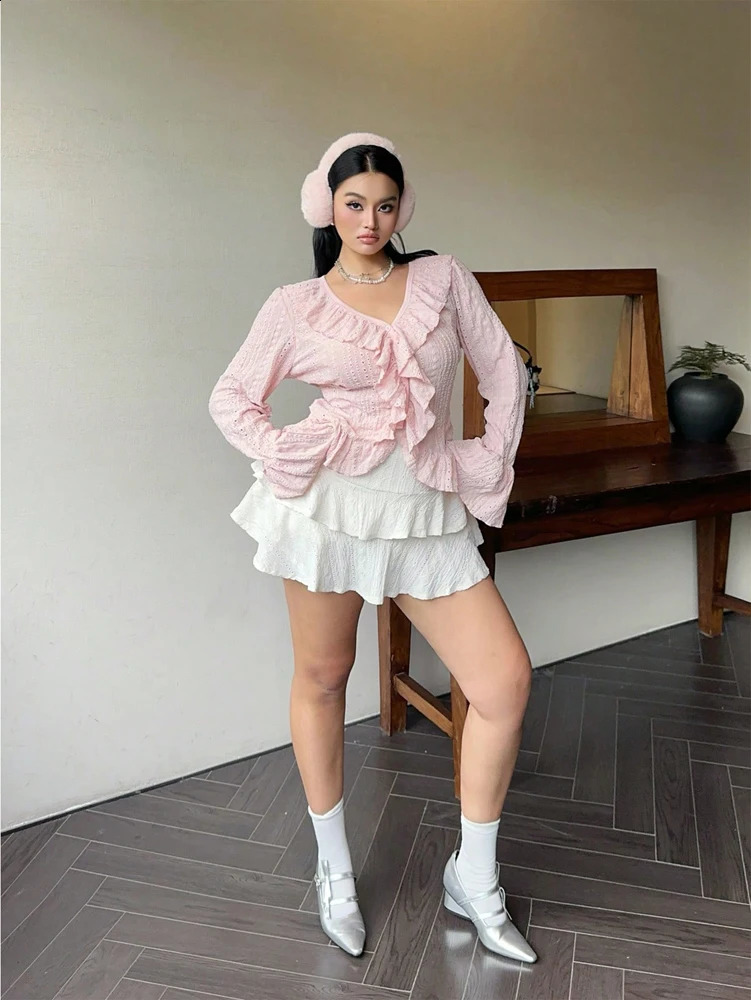 Plus Size Womens Elegant French Ruffle Flared Sleeve Blouse Pink VNeck Bubble Sweetheart 250319