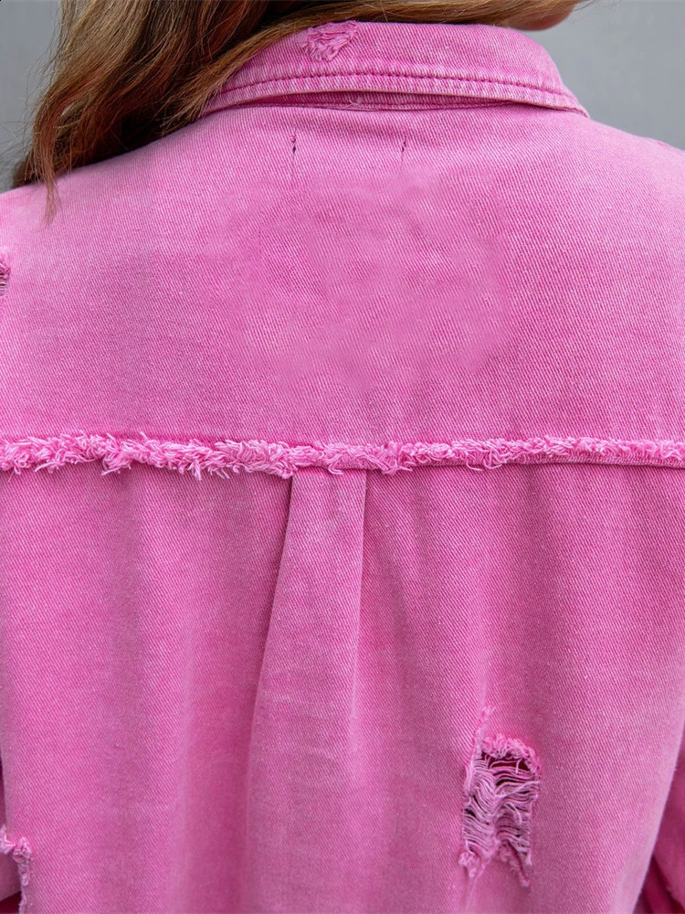 Hole Edge Denim Jacket Womens Spring/Autumn Shirt Style Jeans Casual Top Rose Red Orange Purple Coat Womens Coat 250317
