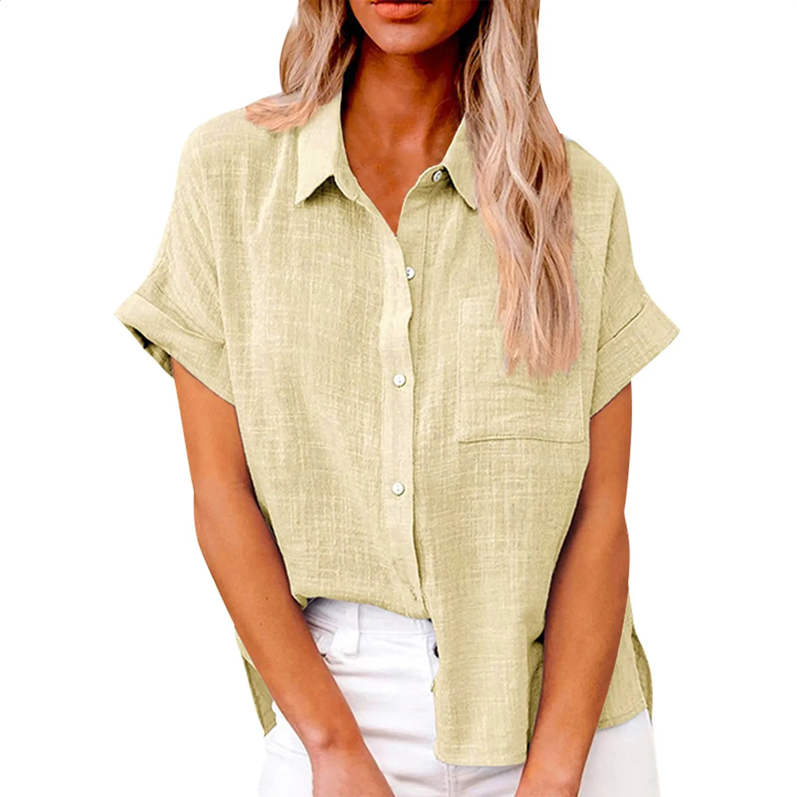 Womens simple and fashionable shirt casual classic shirt cotton linen short sleeved collar button up shirt warm top 250318