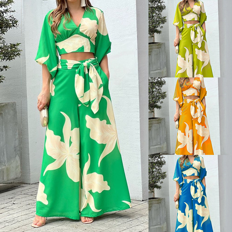 2025 New V-neck Lantern Sleeve Short Top High Waist Wide Leg Pants Spring Women's Set