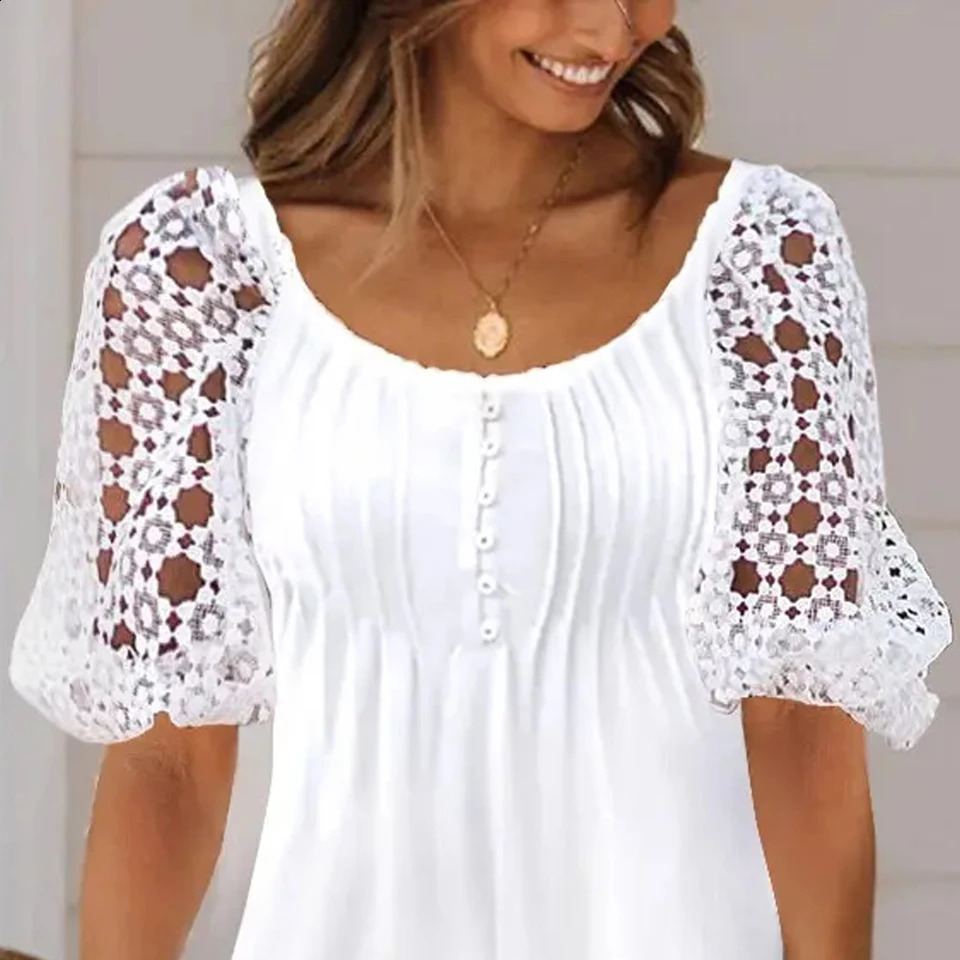 Womens Fashion Plus Size Dress Casual Loose Lace Hollow Short Sleeve Summer Beach Korean Elegant 250319