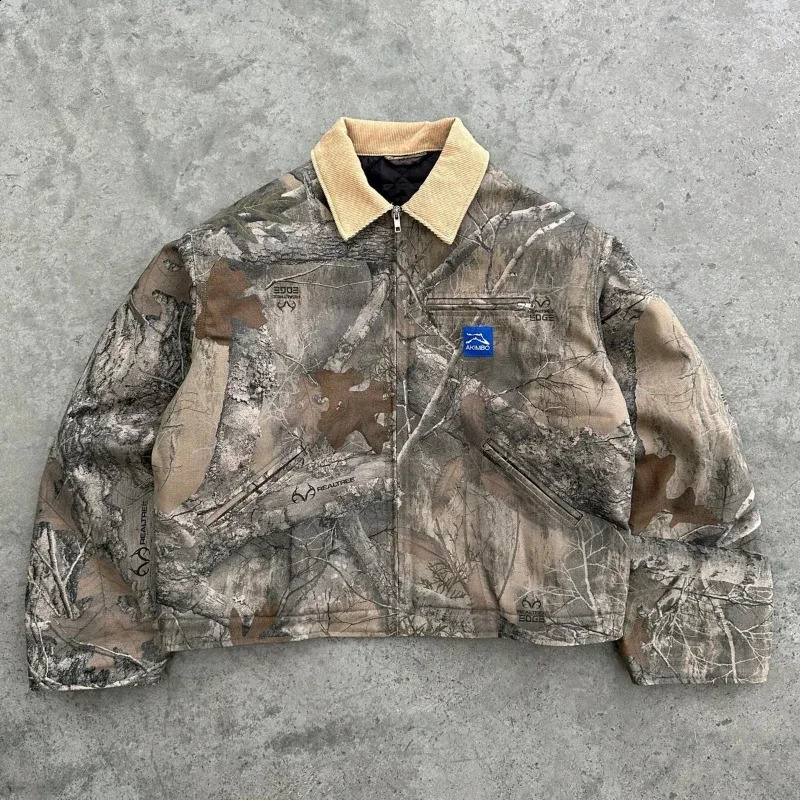 Y2K fashion camouflage mens jacket American style street casual wear V-neck polo top retro pattern mens Harajuku sweater 250411