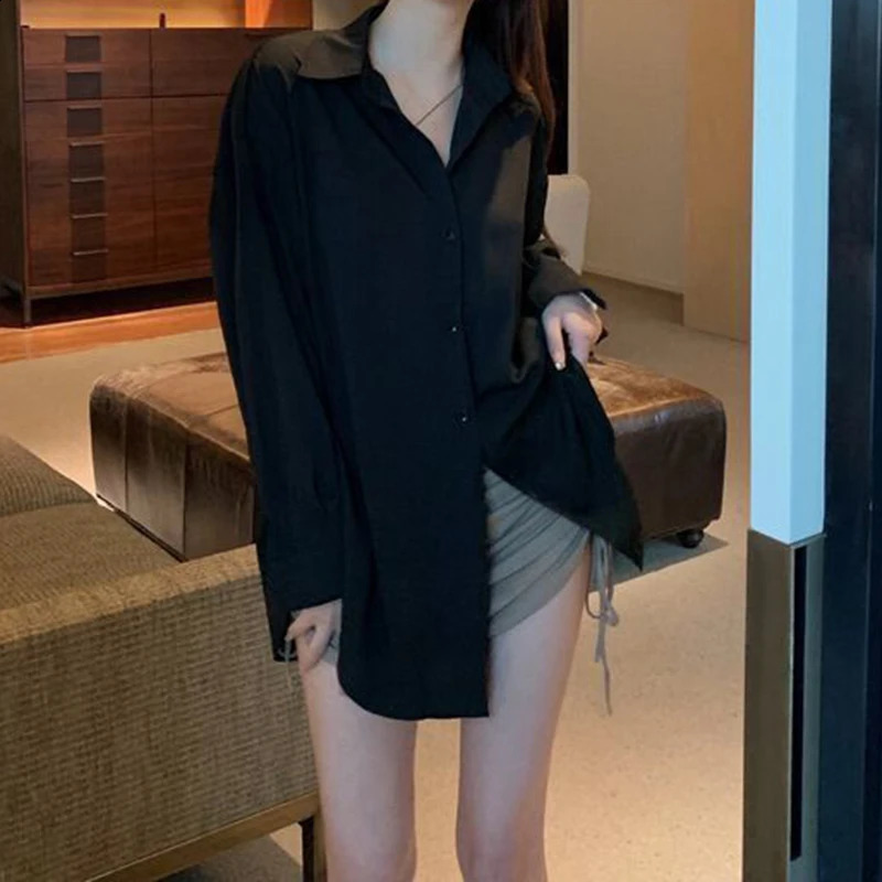 Collar long sleeved loose shirt and blouse top casual French single chest solid womens 250319