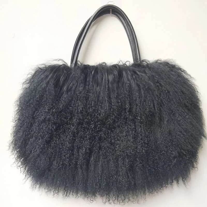 Winter Real Mongolia Lamb Handbag Women Casual Tibet Long Hair Natural Fur Shoulder Bag Genuine Tote Bags Femme