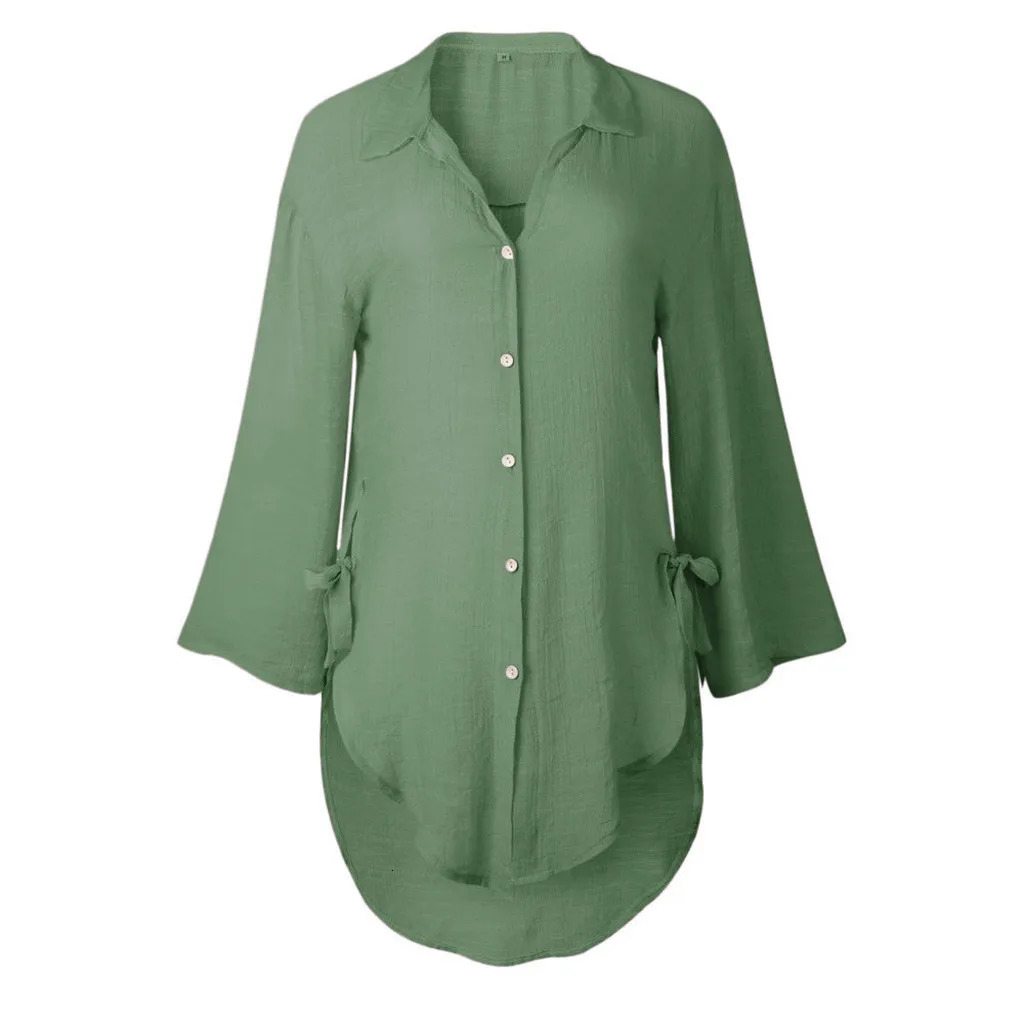 Cotton linen plus size shirt fashionable womens shirt spring/summer long sleeved solid top tuned fashionable button lapel blue 250318