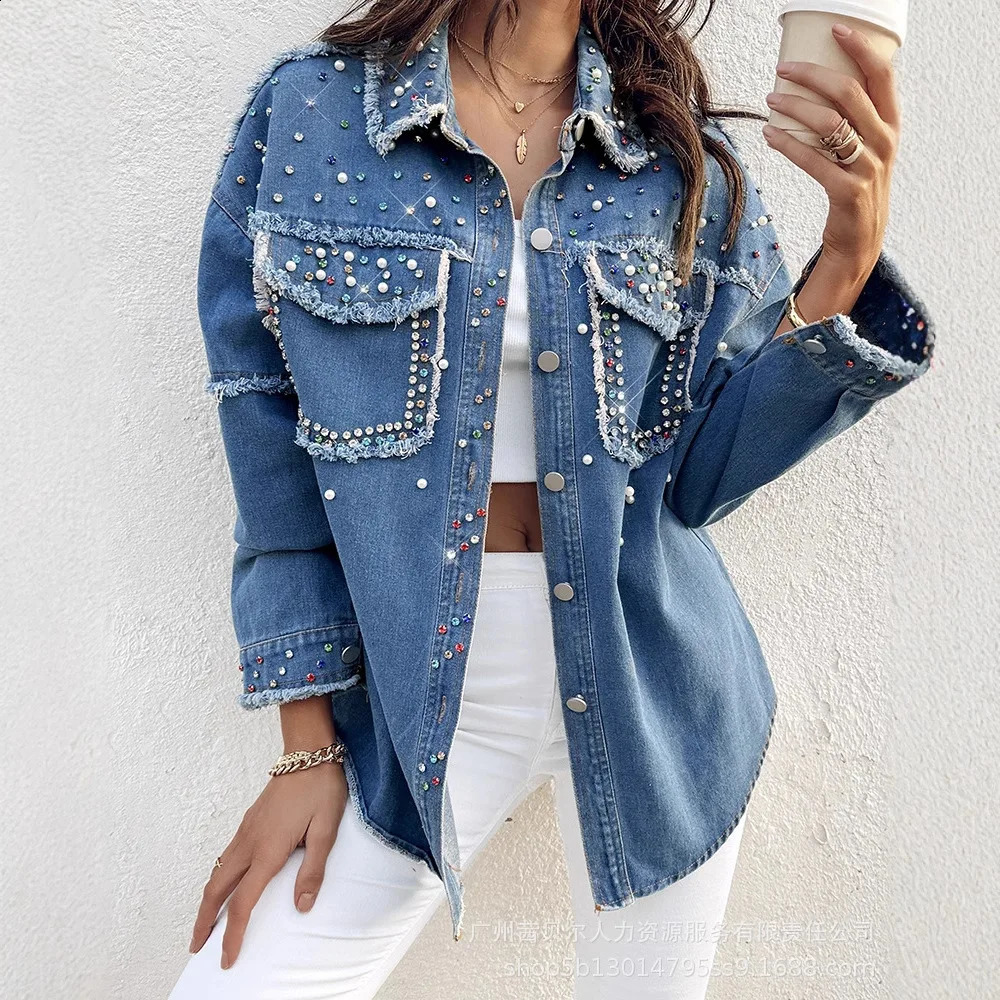 Colorful denim jacket womens Y2k streetwear front button fringe shirt pocket jeans elegant work 250319