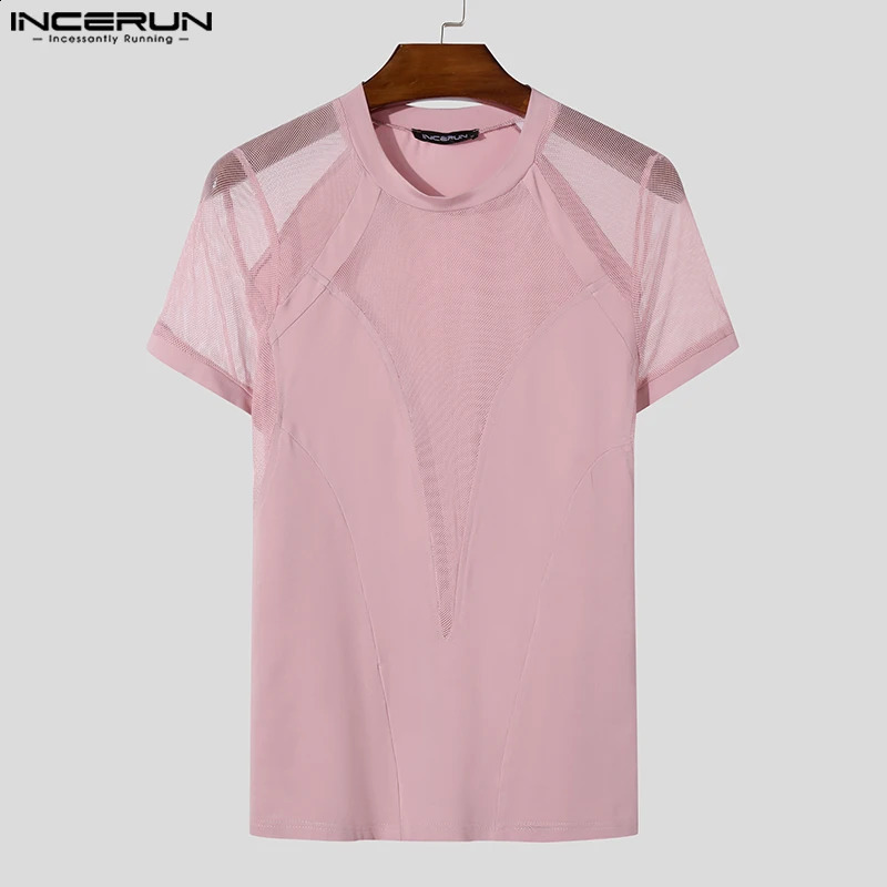 INCERUN Tops American Style Fashion Sexy Mens Mesh Splicing T-shirts Male Casual Elastic Breathable Short Sleeved Camiseta 250319
