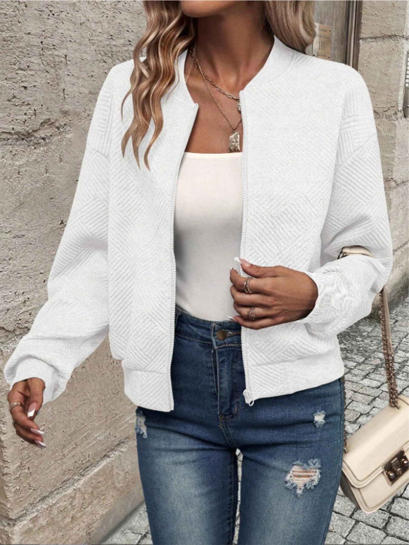 womens long sleeved knitted open zipper decoration warm solid color jacket 250319