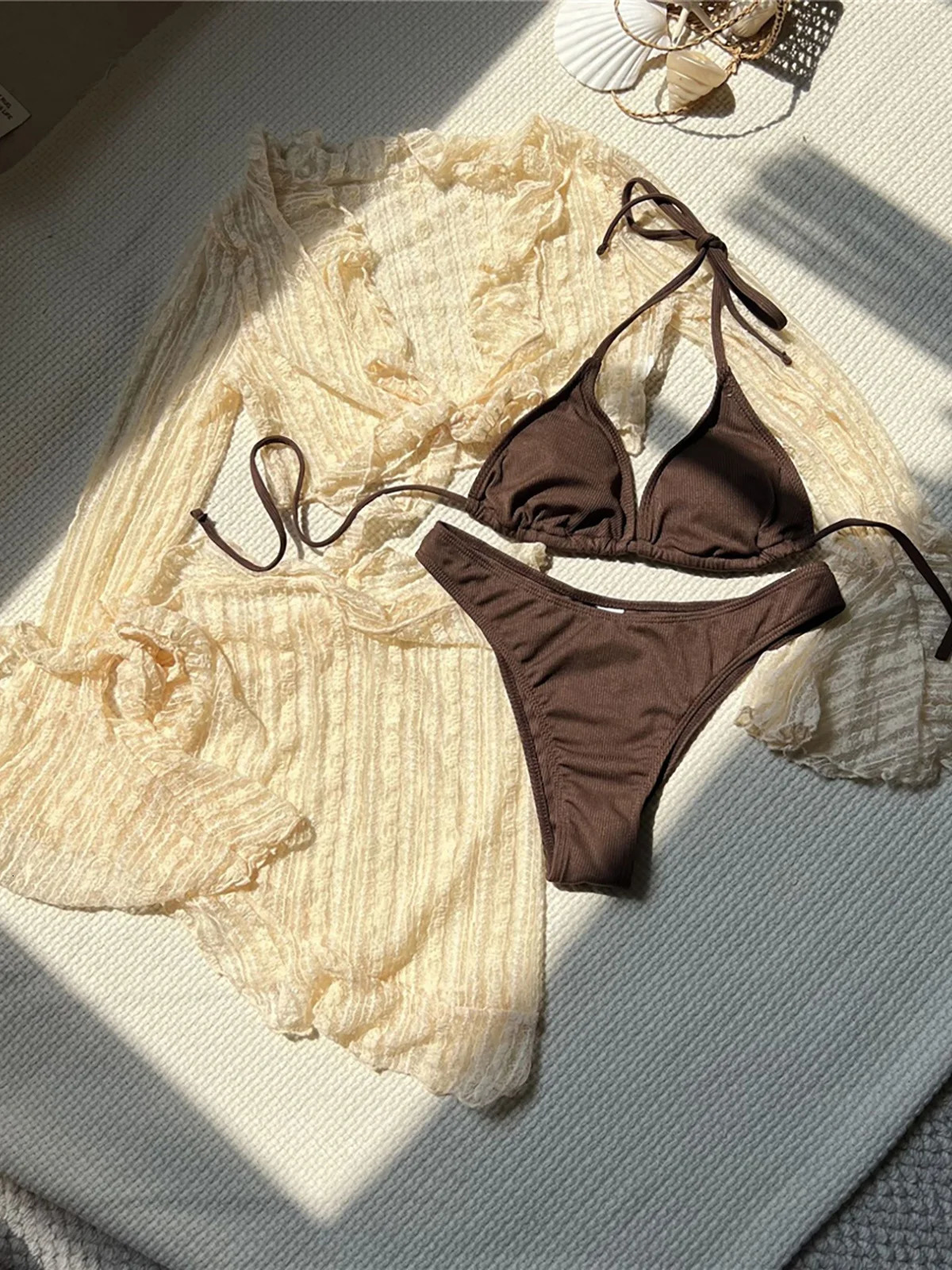 4-piece hanger with Sarong long sleeved bikini womens swimsuit womens swimsuit 4-piece bikini set bathroom swimsuit V6338B 250314