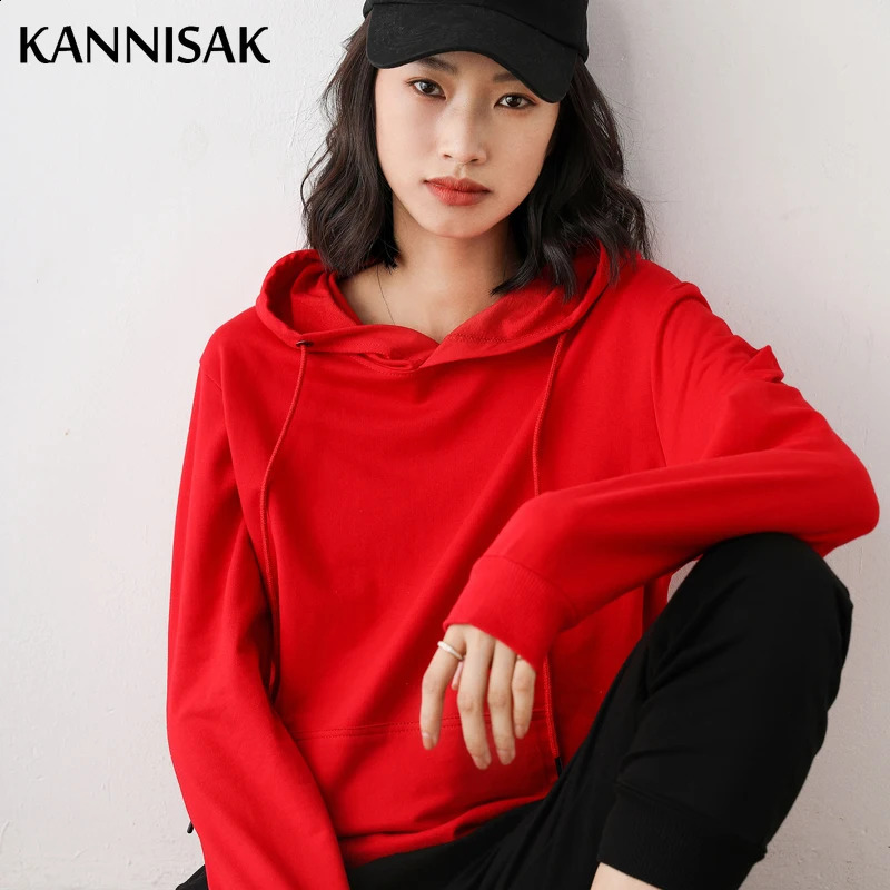 Women Hoodies 100% Cotton Spring Autumn Loose Long Sleeve Pullovers Solid Casual Ladies Outerwear Hooded Hoodie Womens Clothing 250318