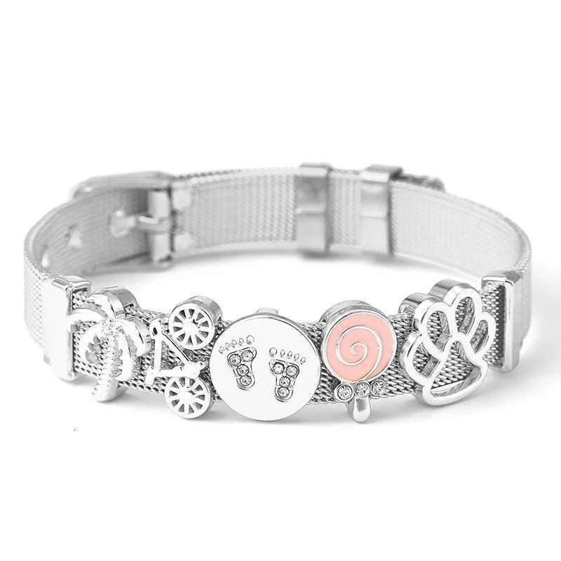 Gold Color Slide Charm Bracelets Set With 10mm Lovely Dog Paw Bicycle Keeper Stainless Steel Mesh Bracelet For Women Men Jewelry