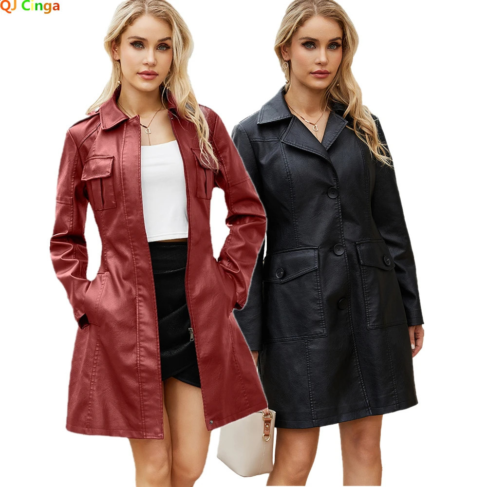 Red Long Waist Laceup Leather Jacket Womens Longsleeved Lapel PU Windbreaker Fashion Female Singlebreasted Overcoat 250319