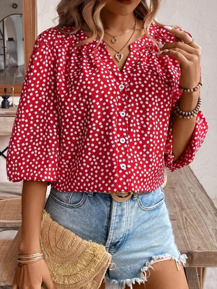 Womens vacation style spring and summer Vneck button up mid sleeve slit n single row down casual top 250319