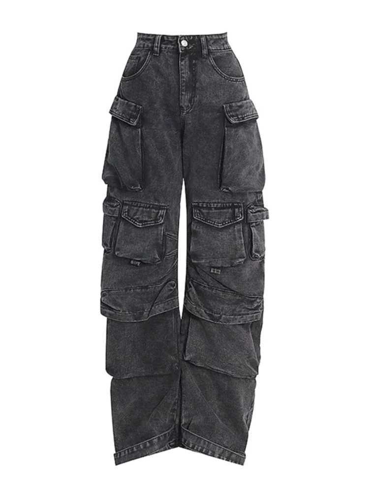 Solid color multi pocket loose jeans womens street retro hip-hop wide leg pants casual straight high waist jeans womenT250319