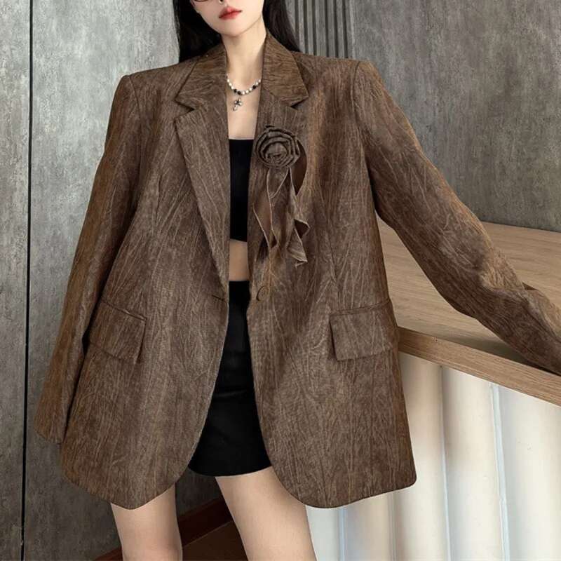 Vintage Style Women Suit Blazer Fashion 3D Ral Spliced Single Button Jackets Female 2025 Spring New Clothing 1A427